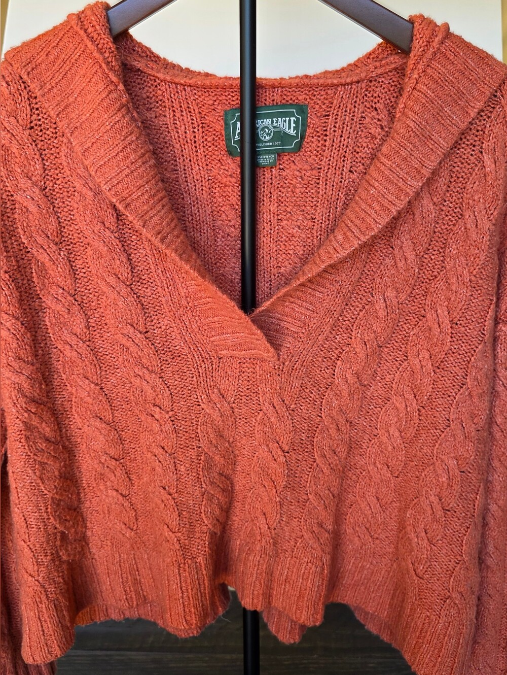 American Eagle Outfitters Cable Knit V-Neck Sweater - Rust